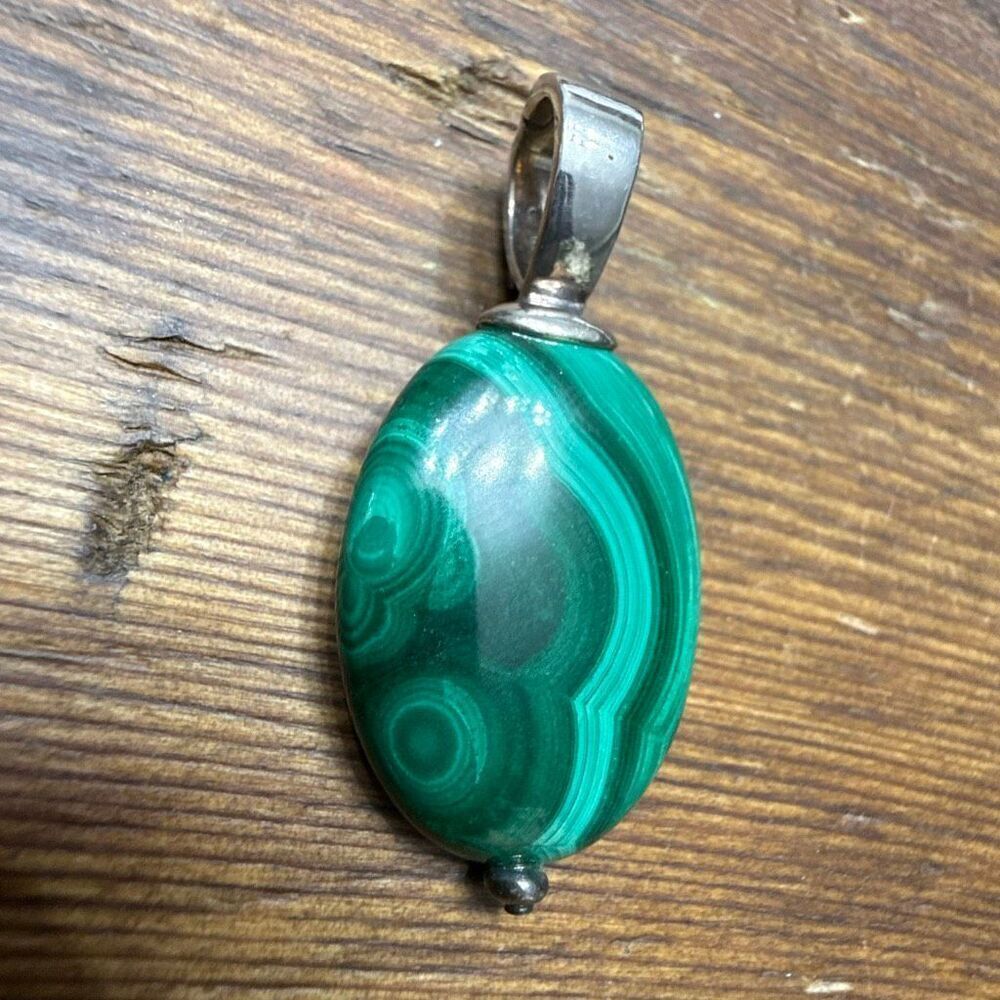Sterling Silver Malachite Pendant – Large Oval Green Stone Statement Pendant 12.
